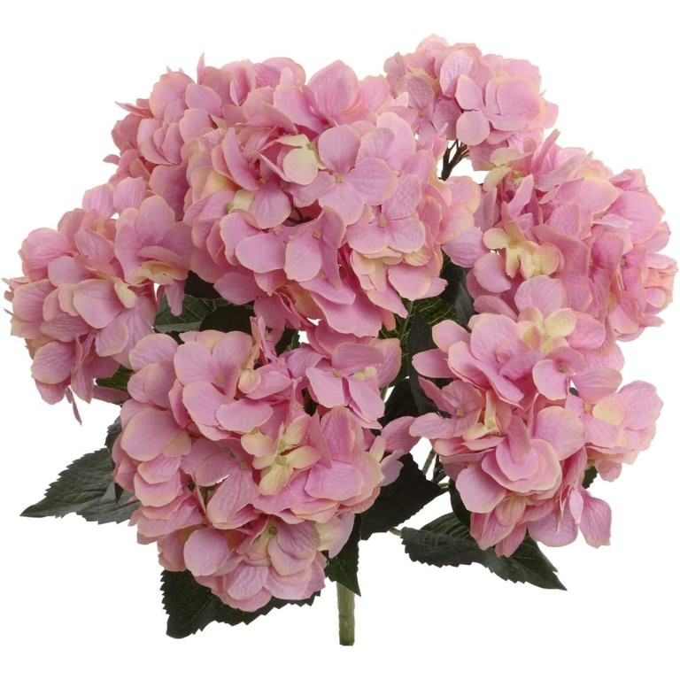 Artificial Pink Hydrangea Silk Flower Bush, Seven Heads Per Bush, Adjustable Stem, Rich Green Lea... | Walmart (US)