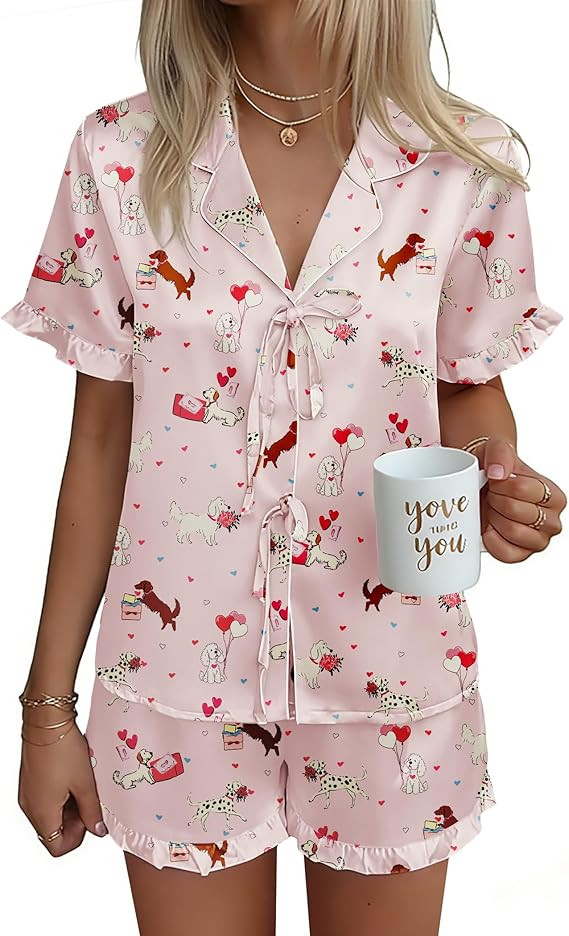 Ekouaer Satin Pajama for Women Short Sleeve Silky Pj Short Set Bow Front Tie Up Loungewear Sleepw... | Amazon (US)