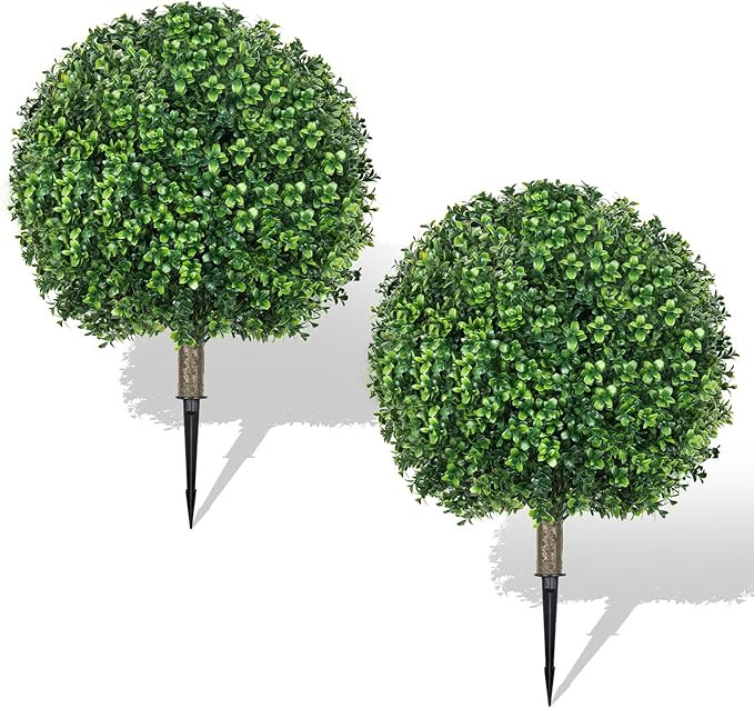 25.6" Artificial Boxwood Topiary Ball Trees: 2 Pack Fake Shrubs with Spike – UV Resistant & Fad... | Amazon (US)