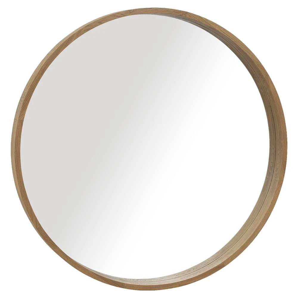 Cassandra Modern Classic Round Brown Teak Wall Mounted Mirror - Large | Kathy Kuo Home