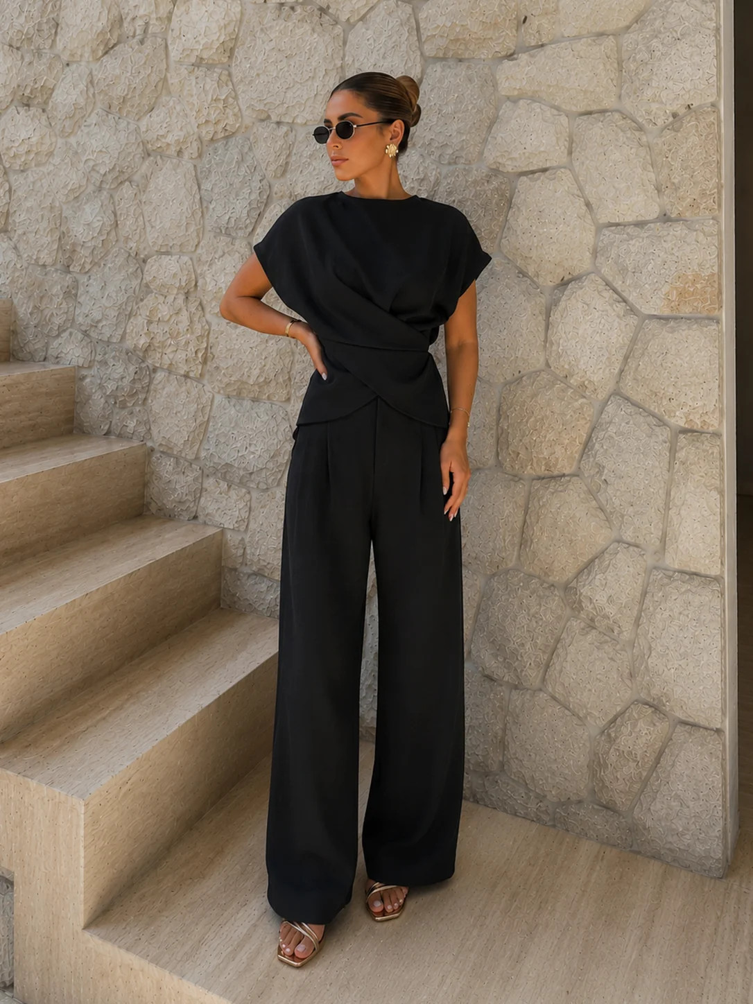 Tie-Back Satin Top & Pleated Pants Set | Commense