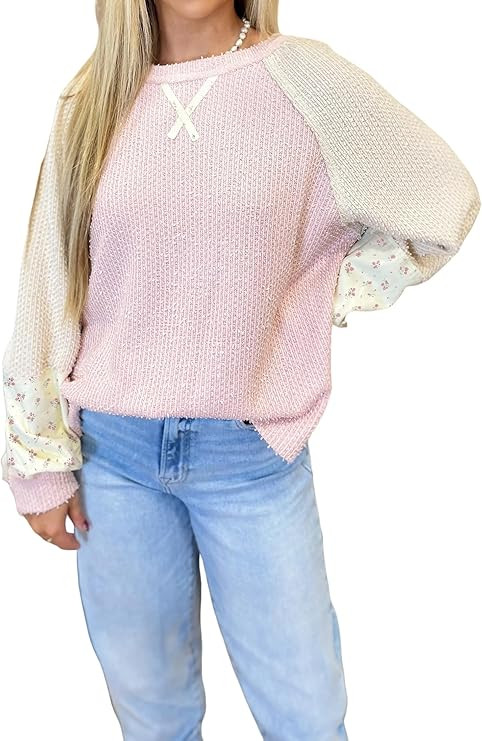 Color Block Shirts for Women Floral Patchwork Textured Knit Long Sleeve Tops | Amazon (US)