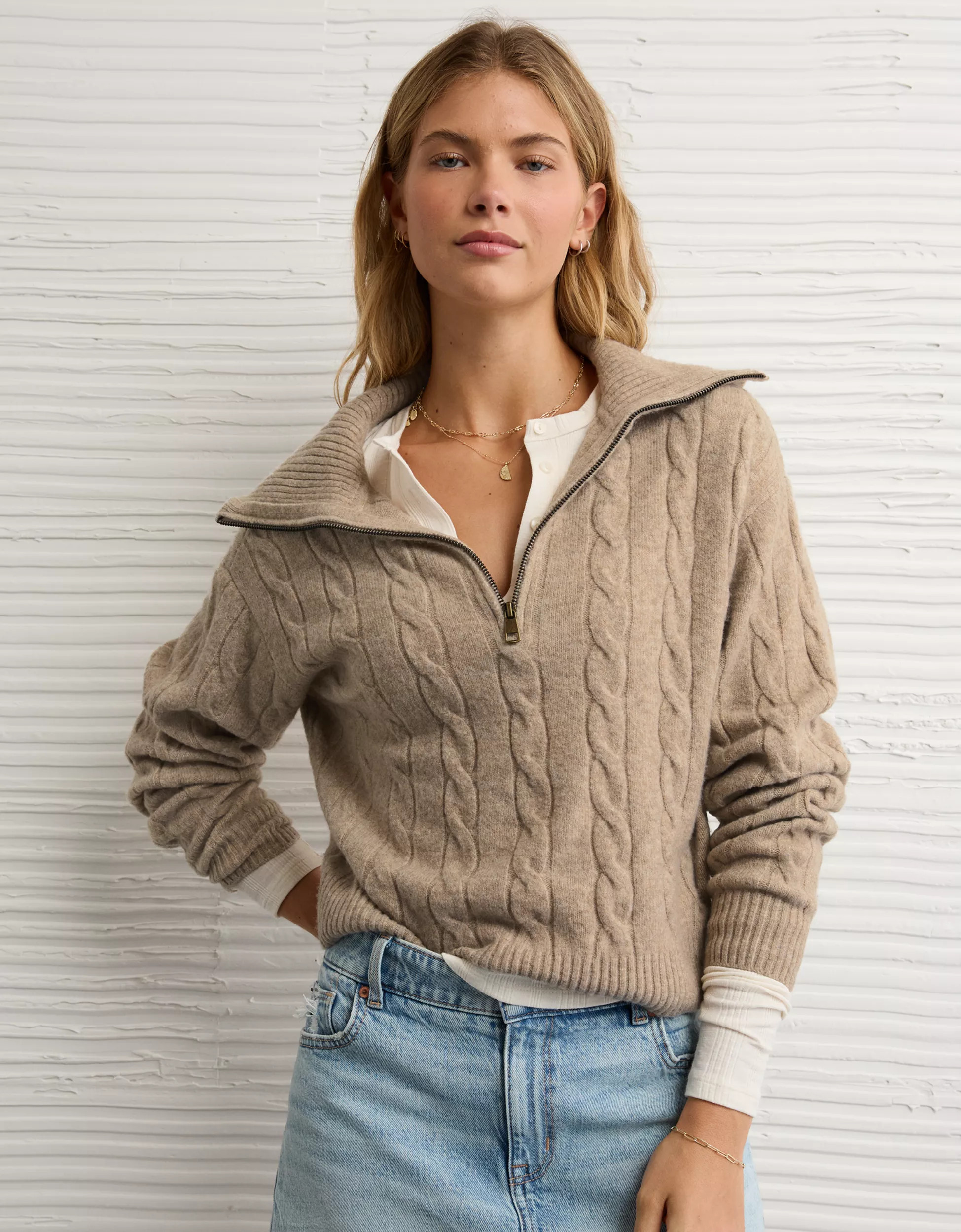 AE Cable-Knit Quarter-Zip Sweater | American Eagle Outfitters (US & CA)