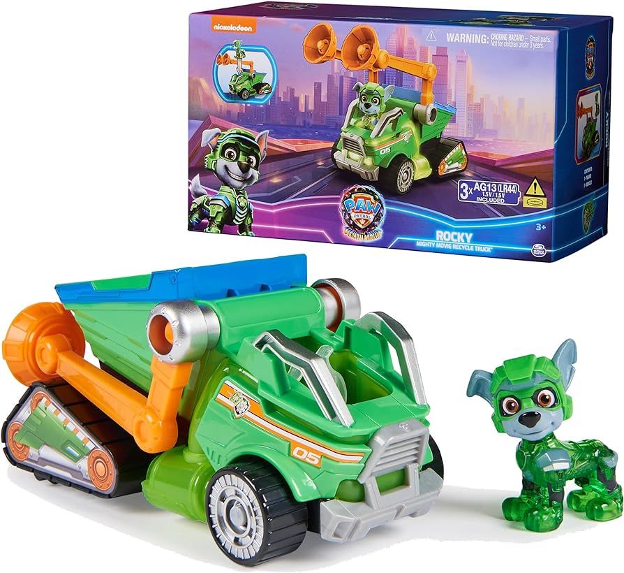 Paw Patrol: The Mighty Movie, Toy Garbage Truck Recycler with Rocky Mighty Pups Action Figure, Li... | Amazon (US)