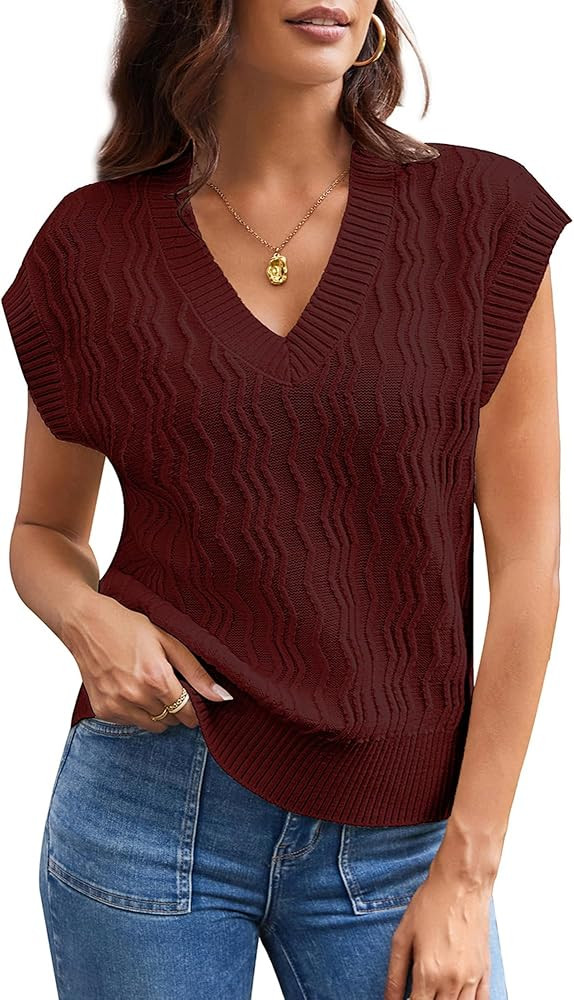 GRACE KARIN Womens V Neck Sweater Vest Ribbed Knit Casual Cap Sleeve Loose Fit Pullover Tops Fall... | Amazon (US)