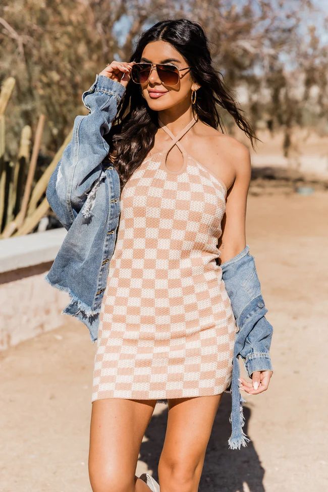 Sunset On My Mind Taupe and Ivory Checkered Knitted Mini Dress | Pink Lily