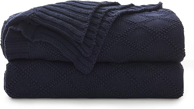 100% Cotton Navy Blue Cable Knit Throw Blanket with Bonus Laundering Bag – Large 50 x 60 Inch T... | Amazon (US)