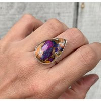 Large Teardrop Purple & Orange Dahlia Copper Turquoise Sterling Silver Ring | Statement Boho Gifts For Her | Etsy (US)