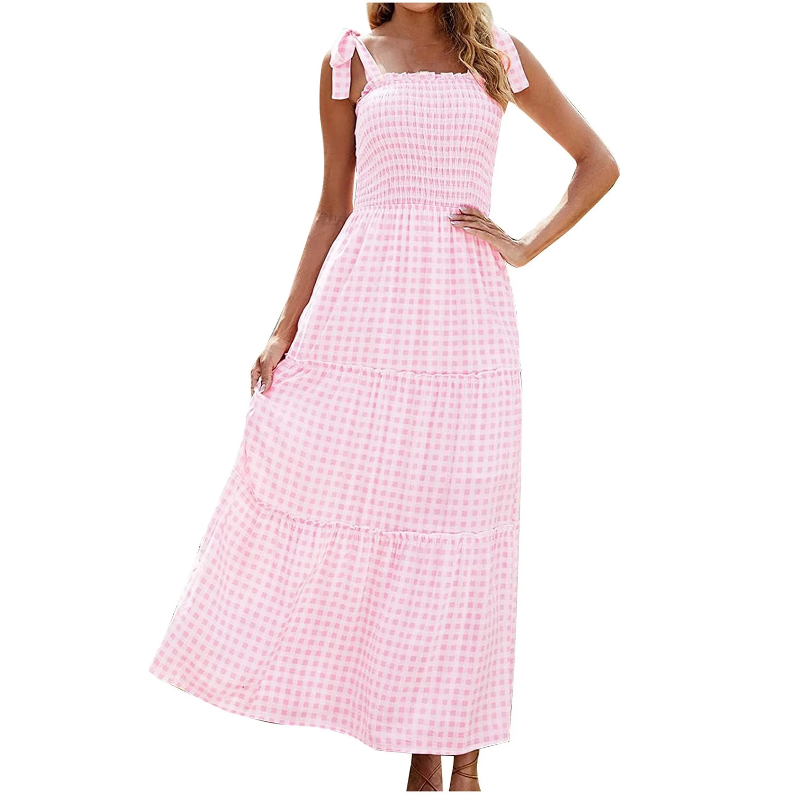 Women Summer Plaid Dress Tie Strap Maxi Dress Tube Top Boho Dress Casual Ruffle Hem Dress Flowy S... | Walmart (US)