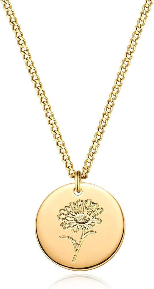 Birth Flower Necklace 18K Gold Plated Necklaces for Women Disc Cuban Birthday Gold Jewelry Gifts ... | Amazon (US)