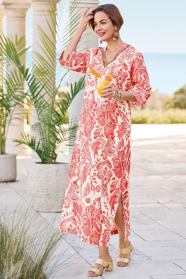 Embellished Printed 3/4 Slv Cotton Caftan | Soft Surroundings