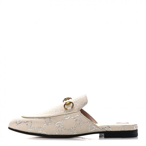 GUCCI Canvas Lame GG Monogram Womens Princetown Slippers 36 Gardenia Silver | Fashionphile