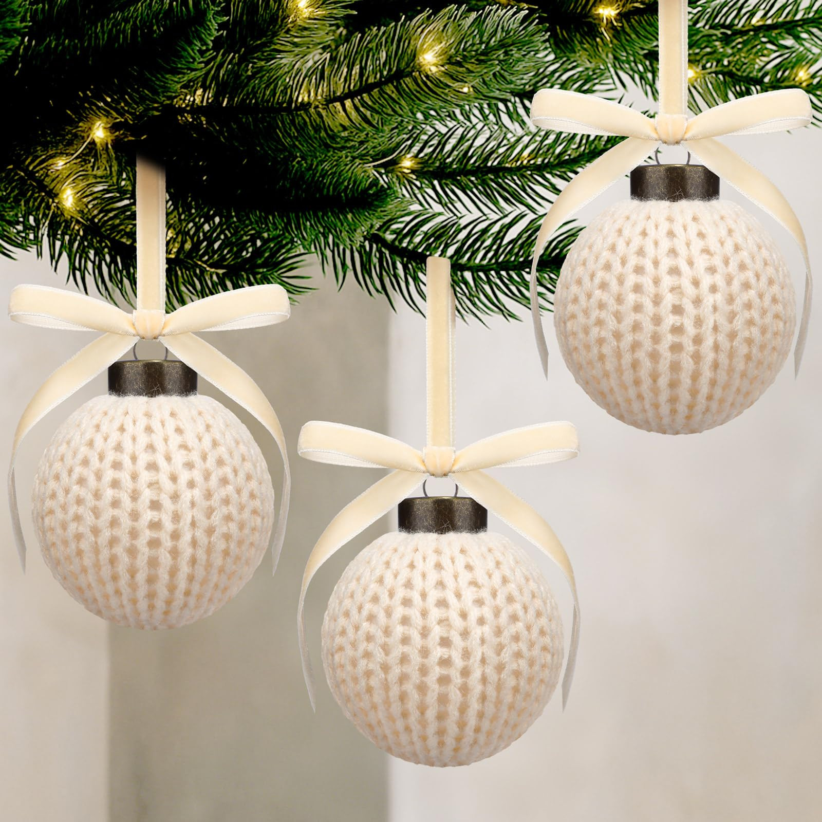 12 Pcs Neutral Christmas Crochet Ball Ornaments 2.36 Inch Knitted Balls Ornament with Velvet Bow ... | Amazon (US)
