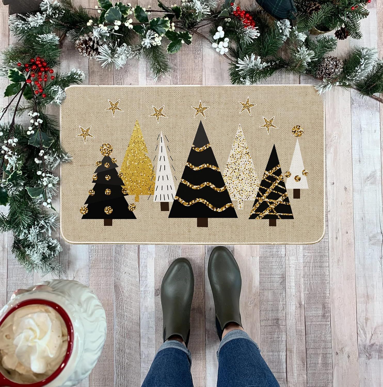 Amazon.com: Baccessor Gold Christmas Trees Decorative Doormat Indoor Outdoor Rug Xmas Winter Fron... | Amazon (US)