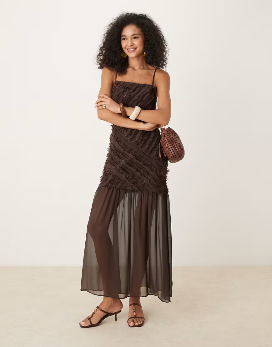 ASOS DESIGN textured dropped waist cami midi dress in chocolate-Blue | ASOS (Global)