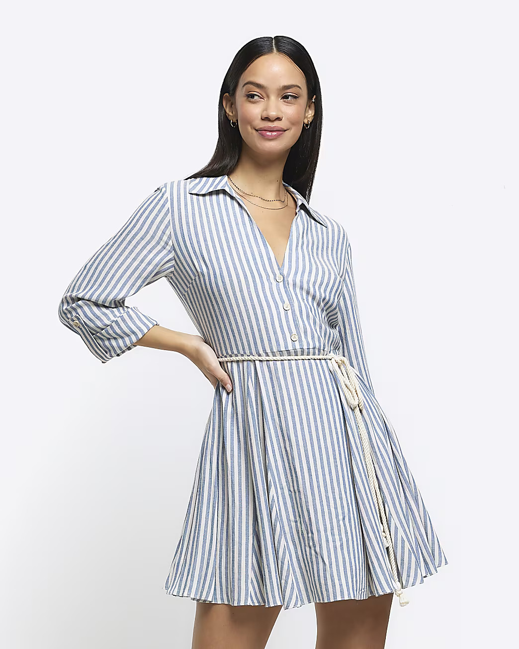 Blue stripe tie waist mini shirt dress | River Island (US)