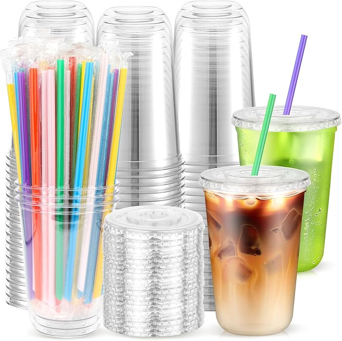 50 Pack 16 oz Clear Cups with Flat Lids and Straws, Disposable To Go Iced Coffee Cups, Plastic Co... | Amazon (US)