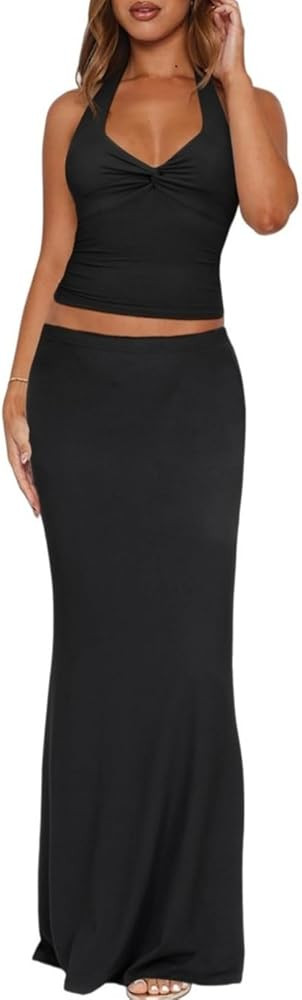 Skirt Sets Women 2 Piece Outfits Sexy Two Pc Set Twist Front Halter Tops and Maxi Long Skirts | Amazon (US)