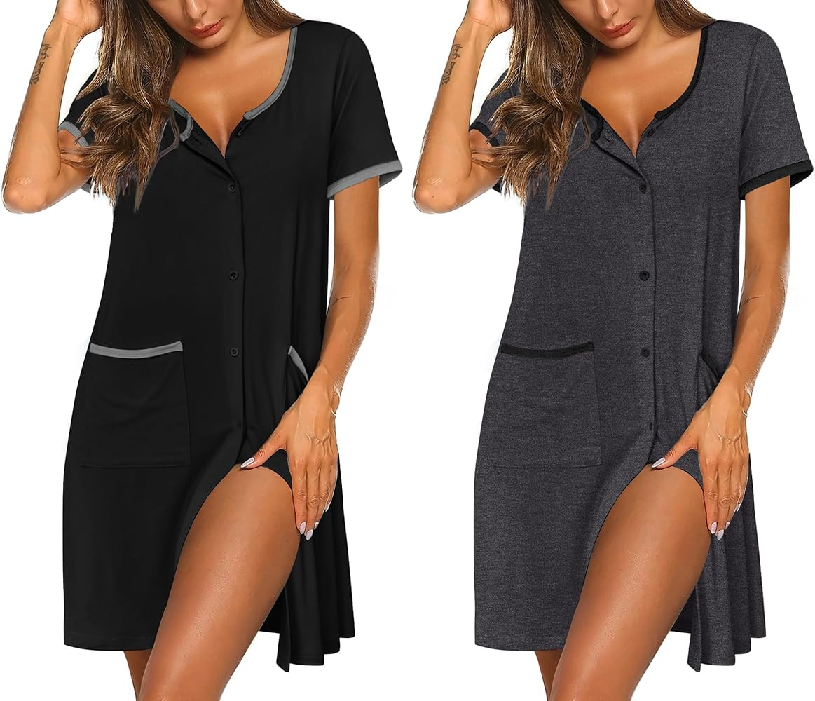 Ekouaer Nightgowns for Women 2 Pack Button Down Sleep Shirts Short Sleeve Nightshirt Sleepwear Ho... | Amazon (US)
