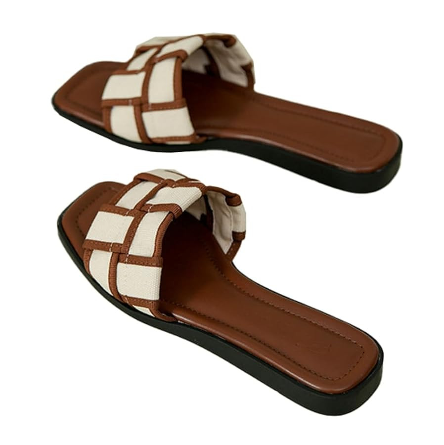 Checked Flat Slide Sandals For Women Square Toe Slip On Slippers Dress Comfortable Linen Soft Pla... | Amazon (US)