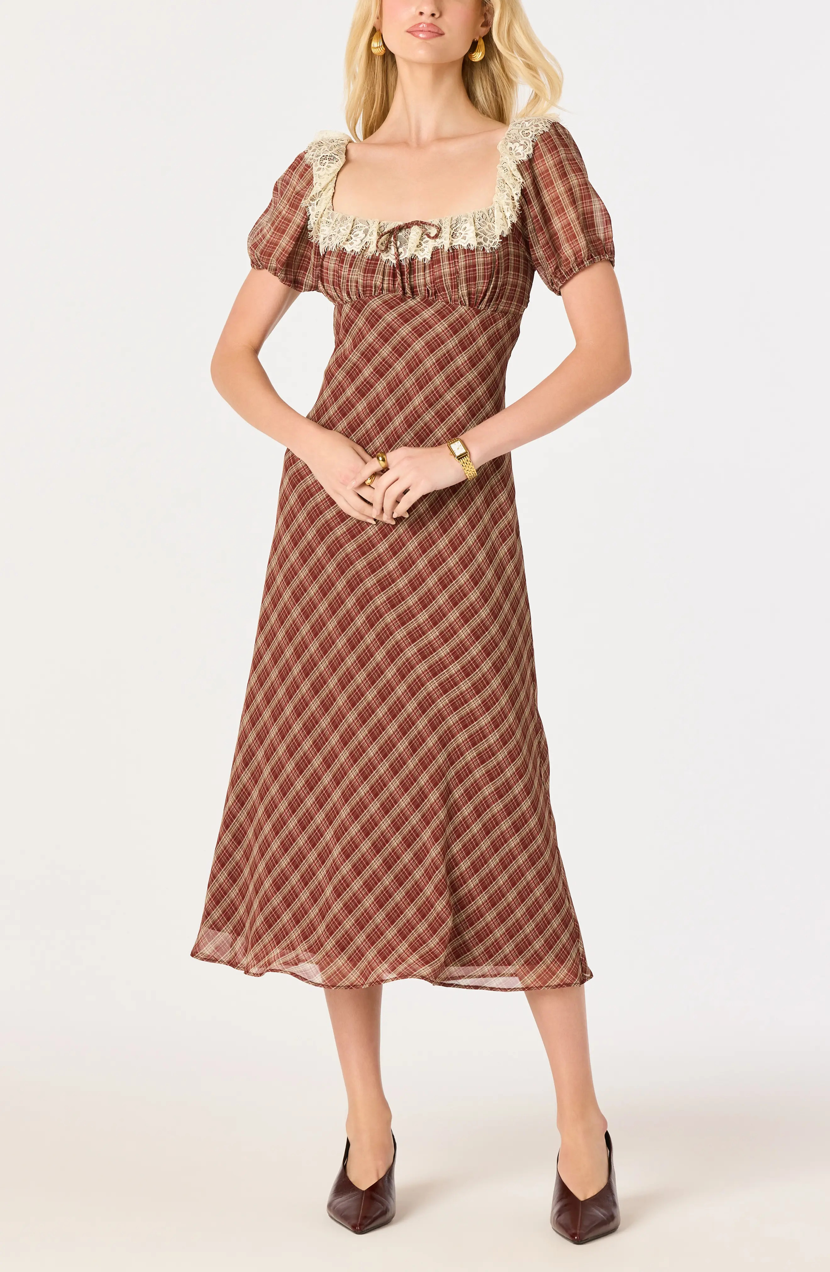 ASTR the Label Edwardine Lace Trim Plaid Midi Dress (Women) | Nordstrom | Nordstrom