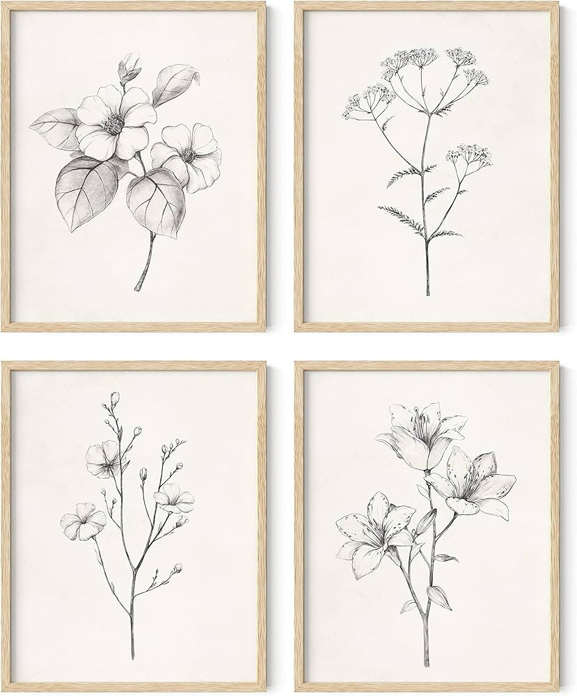 HAUS AND HUES Grey Floral Wall Art - Set of 4 Plant Posters for Wall Vintage, Botanical Prints, B... | Amazon (US)