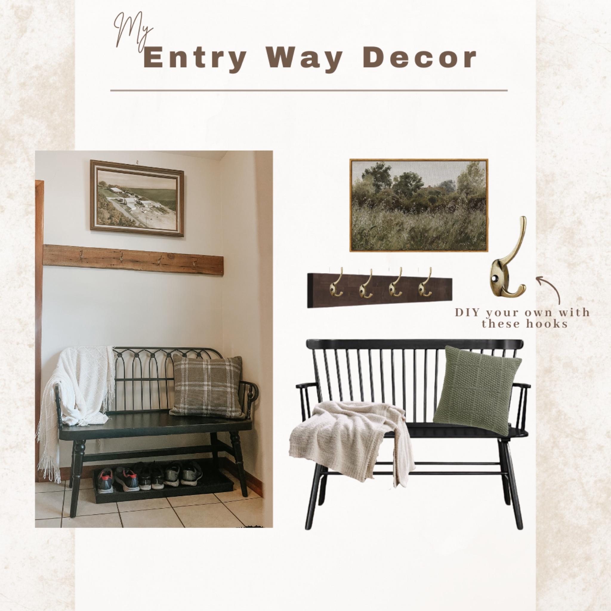I think every entryway needs a bench and a coat rack. 🤍

Vintage, farmhouse entry way. 

#LTKHome #LTKStyleTip