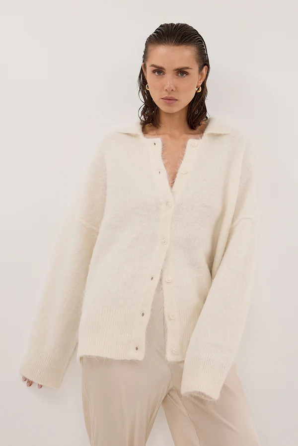SALMA IVORY POLO NECK KNIT CARDIGAN | DISSH