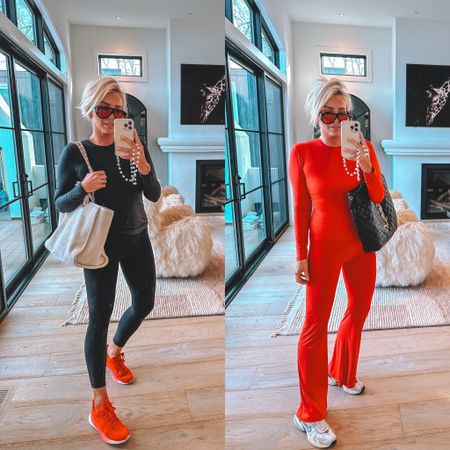 Pops of red athleisure 🤌❤️ wearing a medium in amazon set.. large in black top and a 6 in leggings. Sneakers run tts 