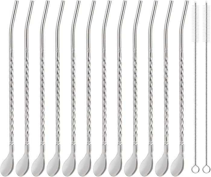 kilofly 12 pcs Bar Spoon Straws Stainless Steel Twisted Long Handle + 2 Cleaning Brushes | Amazon (US)