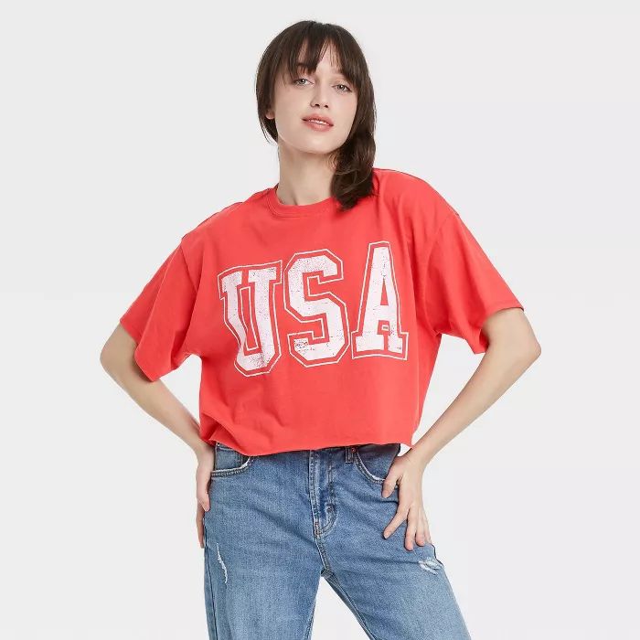 Women's USA Short Sleeve Cropped Graphic T-Shirt - Red | Target