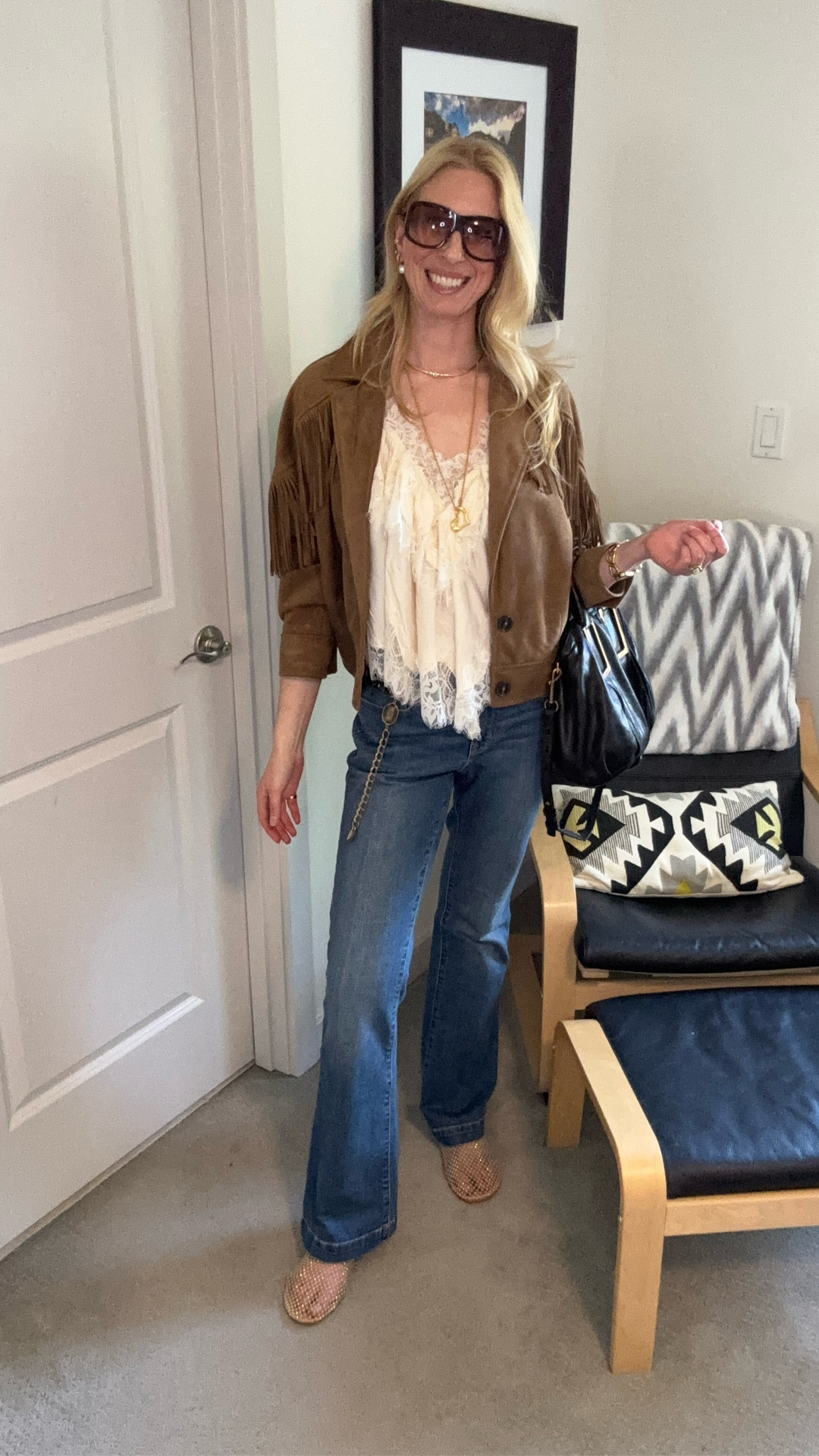 Fringe jacket @Zara 
Ruffle top @h&m 
Jeans @gapstyle 
Shoes @amazon
Short necklace @Anthropologie 
Long @givenchy necklace and chain belt from eBay 
Bag @chloe 
Sunnies @christiandior 

#LTKootd #LTKOver40 #LTKmomlife