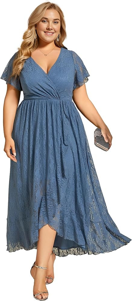 Ever-Pretty Women's V Neck Ruffles Sleeves Pleated Loose Lace High Low Plus Size Formal Wedding G... | Amazon (US)