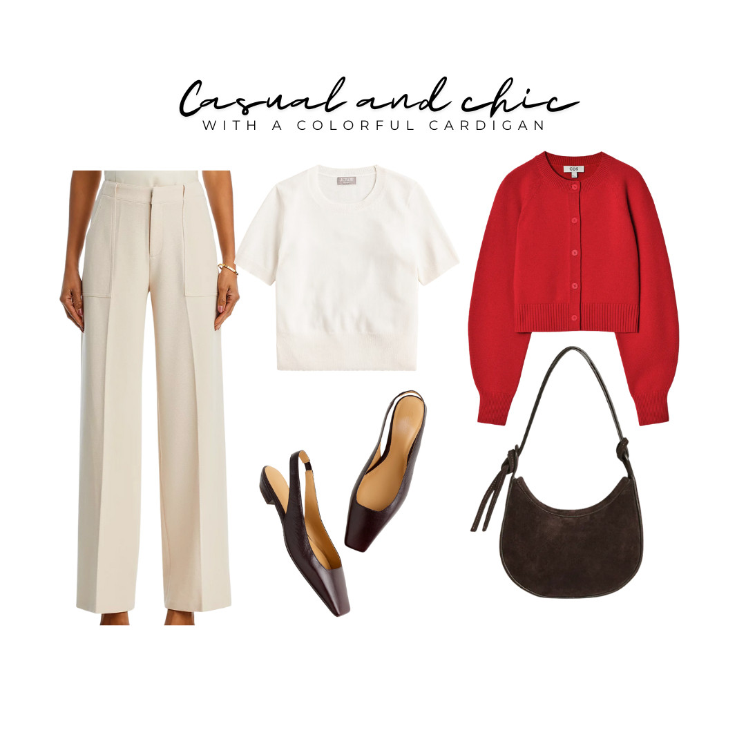 casual style, red cardigan outfit, casual and chic outfit, flats outfit, cream pants outfit 

 #LTKStyleTip