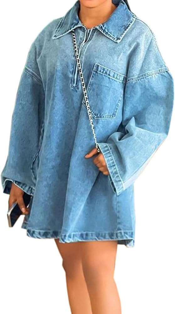 cffvdiz Women's Vintage Distressed Loose Denim Dresses Summer Long Sleeve Pullover Short Jean Dre... | Amazon (US)