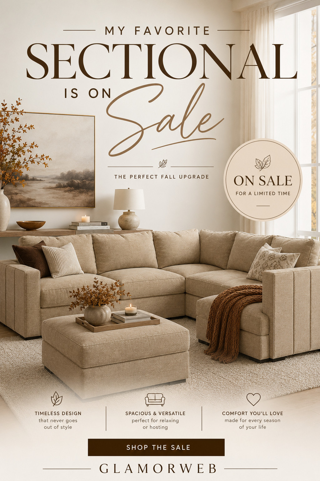 My favorite sectional is officially on sale 🤎🍂 Such a dreamy pick for a cozy fall living room refresh! I love the warm neutral fabric, roomy seating, and matching ottoman—it gives that clean, elevated look while still feeling super comfy for everyday lounging, movie nights, and fall hosting. Definitely one of those pieces that makes the whole living room feel instantly more put together.

#FallLivingRoom #SectionalSofa #SectionalOnSale #LivingRoomRefresh #FallHomeDecor #CozyLivingRoom #NeutralHome #NeutralLivingRoom #FallDecorIdeas #LivingRoomInspo #CozyHome #HomeDecorFinds #FurnitureFinds #SofaFinds #FallHome #HomeInspo #ModernLivingRoom #MinimalHomeDecor #LuxuryHomeStyle #LTKHome 

 #LTKSeasonal #LTKHome #LTKSaleAlert