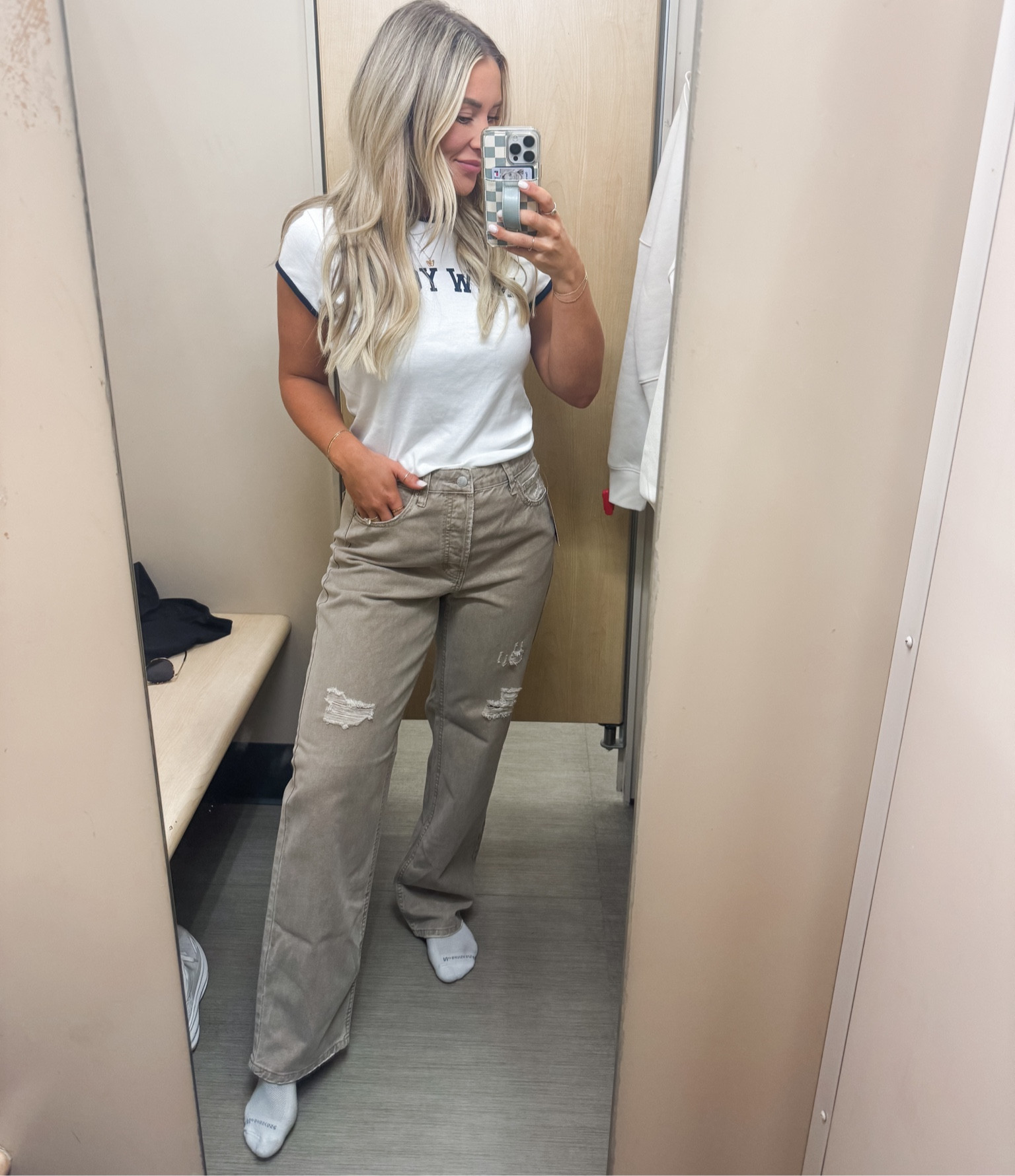 Side 6 in the jeans! & L in the shirt 
Jeans are only $28 