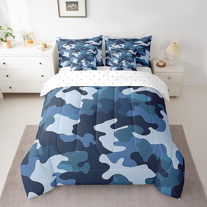 7pcs Abstract Camo Comforter Set Twin, Blue Navy Cerulean Grey Camouflage Bed Set for Kids Boys T... | Amazon (US)