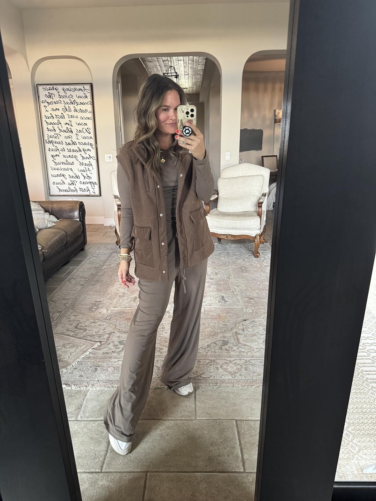 Y’all, THIS is how you do a matching set for fall!! 🤎 The layered vest completely changes the look, and I’m loving every piece of this outfit!

fall matching set, brown vest, chocolate brown outfit, wide leg pants, layered fall outfit, casual fall fashion, fall athleisure, comfy fall outfit, neutral fall style, everyday outfit, fall fashion finds, JulieFranks