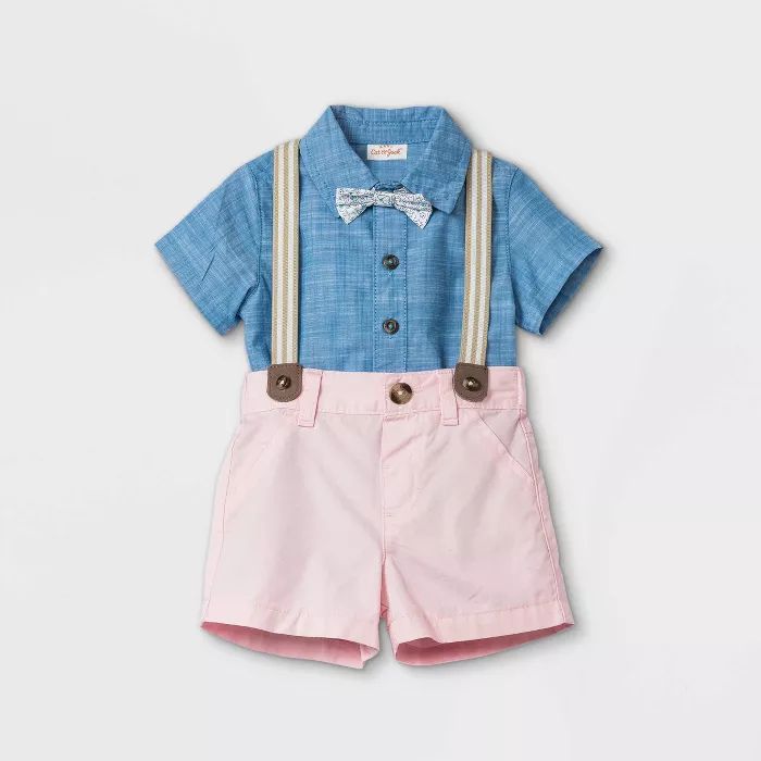 Baby Boys' Chambray Suspender Top & Bottom Set with Bowtie - Cat & Jack™ Pink | Target