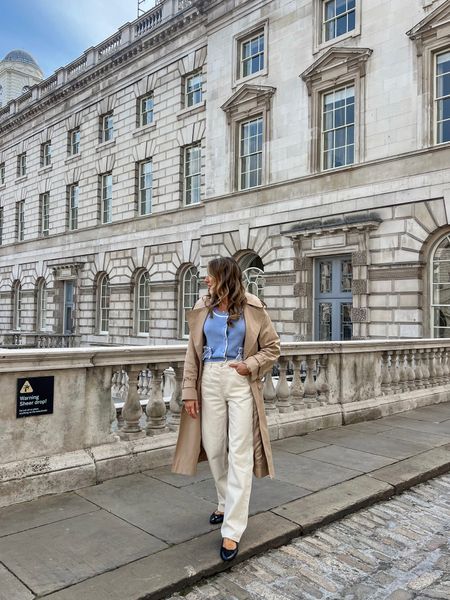 Spring is in the air and this is an outfit I am going to be wearing on repeat 🌸🧥

White jeans and a trench coat are wardrobe staples for me during the spring months. I love the pop of powder blue too. A colour that is definitely going to be trending this spring and summer. 

#LTKfindsunder100 #LTKfindsunder50 #LTKstyletip