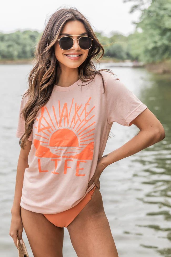 Distressed Lake Life Scene Peach Graphic Tee | Pink Lily