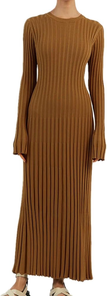 Bodycon Knit Dress for Women Long Sleeve Crew Neck Ribbed Solid Fall Long Maxi Going Out Dress | Amazon (US)