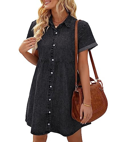 Utyful Short Babydoll Dress Black Denim Dress Jean Shirt Dress Semi Formal Dresses for Women Black Size Large Fits Size 12 / Size 14 | Amazon (US)
