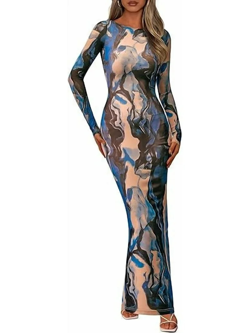 PRETTYGARDEN Bodycon Maxi Dress Fall Floral Long Sleeve Sexy Mesh Cocktail Wedding Guest Long Dre... | Walmart (US)