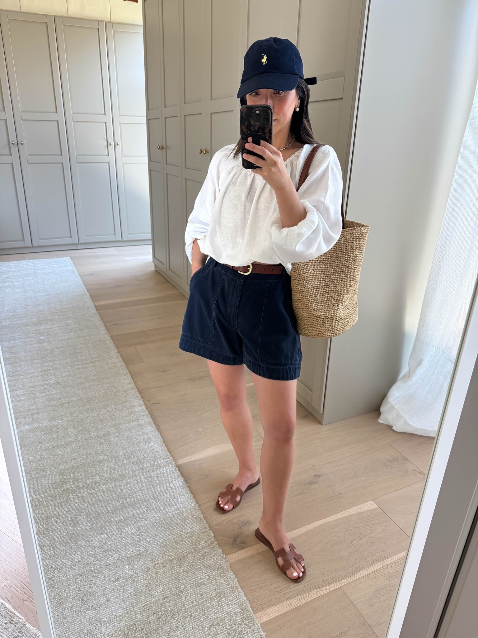 Another go-to outfit formula - white top and shorts. I typically wear flats or sandals and will even do a hat to
Pair with the feminine top. 

Aritzia top xs
Everlane shorts 2 but run tts
Hermes Oran sandals 35
Jcrew bucket bag
Polo hat
Dorsey James Necklace  15”
Dorsey Maxwell earrings

#LTKmomlife #LTKPetite #LTKootd