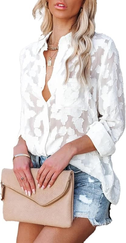 Sunshine swing Women's White Elegant Sexy See Through Blouse Shirt Long Sleeve Jacquard Turn-Down... | Amazon (US)