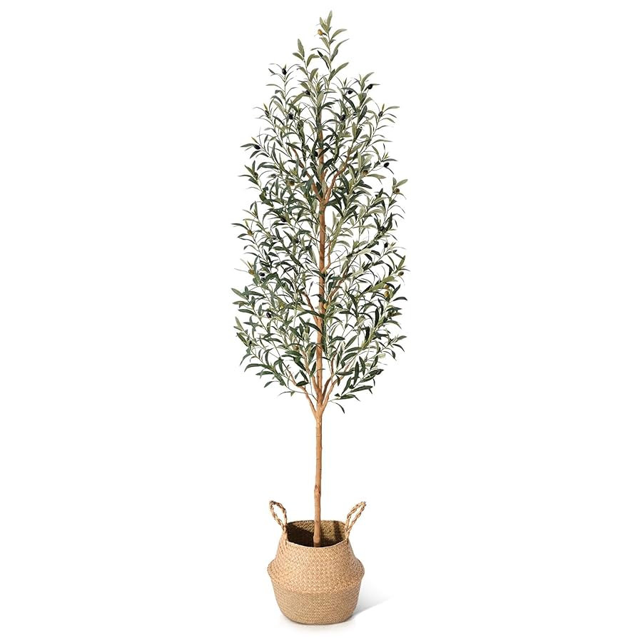 Faux Olive Tree 7FT – Tall Artificial Plants Indoor with Real Wood Trunk & Seagrass Basket, Lif... | Amazon (US)
