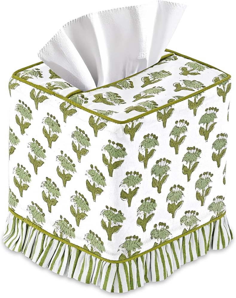 CPC Emerald Green Hand Block Print Cotton Square Ruffle Tissue Box Cover | Amazon (US)