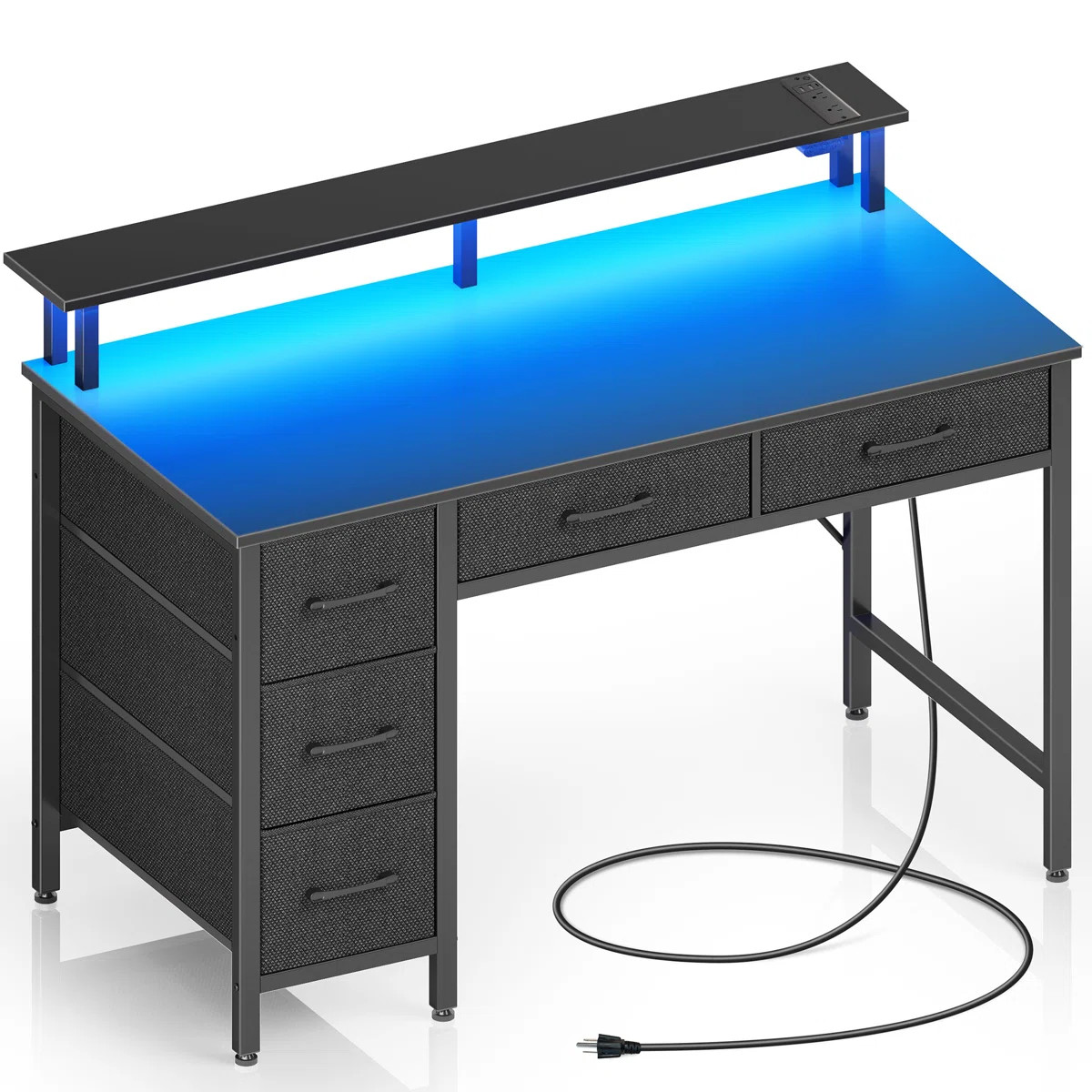Linze Computer Desk w/ Monitor Shelf, RGB LED Lights, USB Ports & Drawers | Wayfair North America